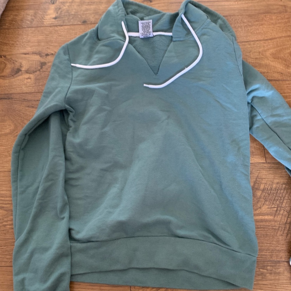 Green Hoodie with White Drawstrings